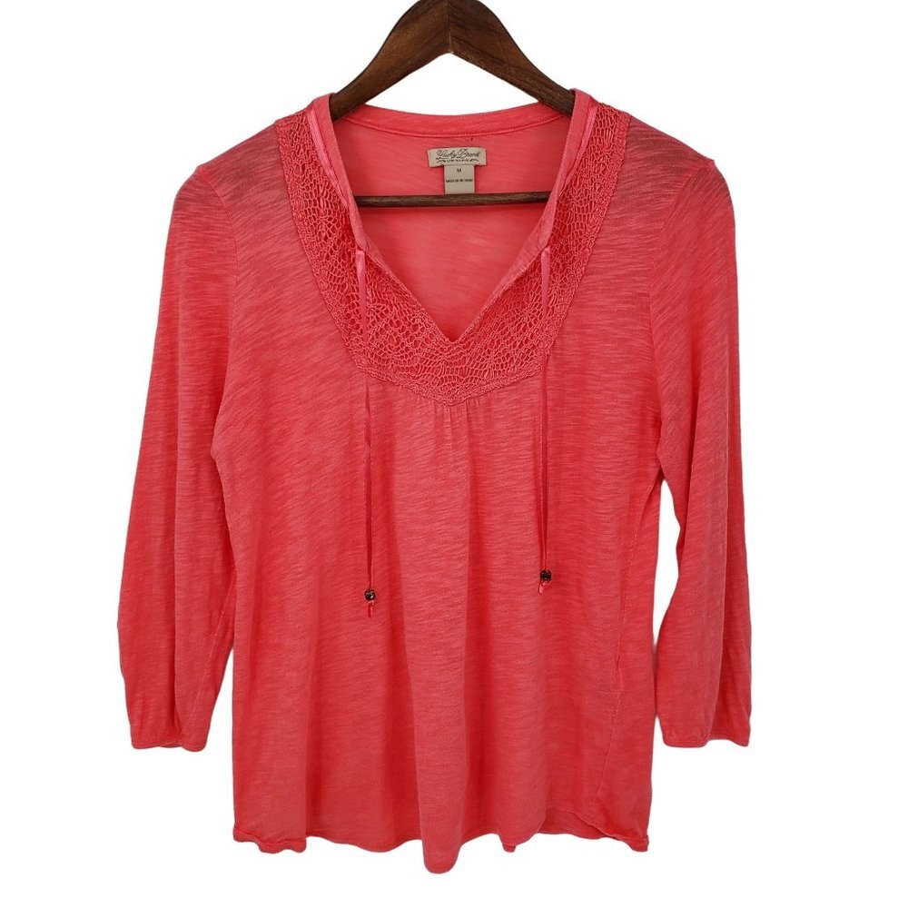 Lucky Brand Womens Long Sleeve Embroidered V-Neck Blouse Sz M Pink Lightweight